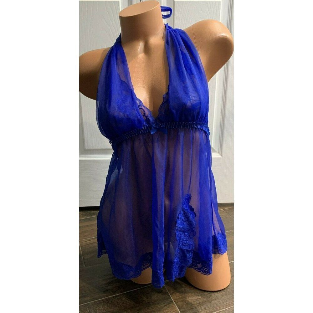 Fredericks of Hollywood‎ Royal Blue Sheer Lace Babydoll Lingerie Nightgown Sm K5